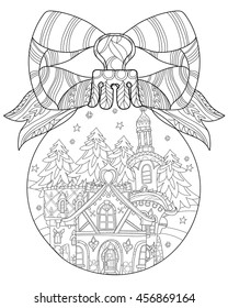 Vector cute fairy tale town doodle in christmas fir tree ball.Hand drawn line illustration.Sketch for postcard or print or coloring adult anti stress book.Boho zen art style.