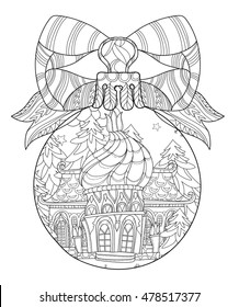 Vector cute fairy tale town doodle in christmas fir tree ball.Hand drawn line illustration.Sketch for postcard or print or coloring adult anti stress book.Boho zen art style.