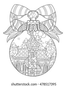 Vector cute fairy tale town doodle in christmas fir tree ball.Hand drawn line illustration.Sketch for postcard or print or coloring adult anti stress book.Boho zen art style.