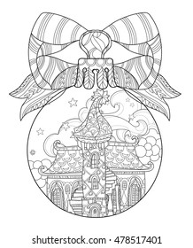 Vector cute fairy tale town doodle in christmas fir tree ball.Hand drawn line illustration.Sketch for postcard or print or coloring adult anti stress book.Boho zen art style.