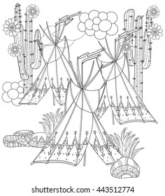 Vector cute fairy wigwam and fox in cactus doodle isolated.Vector line illustration.Sketch for postcard, print or coloring anti stress adult book.Boho zen art style.