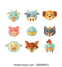 vector cute farm animal like fox dog, duck, cow, cat, goat, pig, cock and lamb