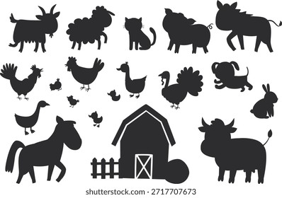 Vector cute farm animals. Silhouettes isolated on white background. Well suited for use in children's rooms, books, kindergarten and other kids design