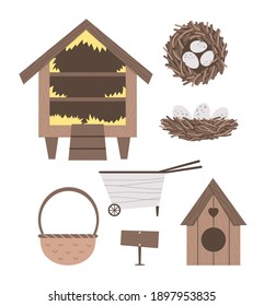 Vector cute farm and garden equipment collection. Roost, bird house, wheel barrow, basket, nest isolated on white background. Bird hatching and breeding icons pack. 
