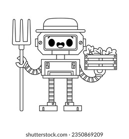 vector cute farmer robot cartoon illustration isolated