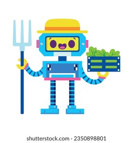 vector cute farmer robot cartoon illustration isolated