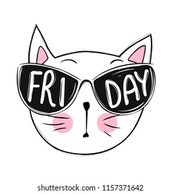 Vector cute fashion cat in glasses. Stylish kitten. Doodle Kitty. Kids animals print. Funny character. Cute illustration, trendy design. Naive art. Cats & Love.