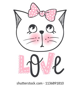 Vector cute fashion cat. Stylish kitten. Doodle Kitty. Kids animals print. Funny character. Cute illustration, trendy design. Naive art. Cats & Love.