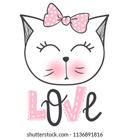 Vector cute fashion cat. Stylish kitten. Doodle Kitty. Kids animals print. Funny character. Cute illustration, trendy design. Naive art. Cats & Love.