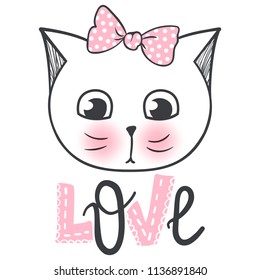 Vector cute fashion cat. Stylish kitten. Doodle Kitty. Kids animals print. Funny character. Cute illustration, trendy design. Naive art. Cats & Love.