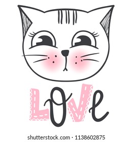 Vector cute fashion cat. Stylish kitten. Doodle Kitty. Kids animals print. Funny character. Cute illustration, trendy design. Naive art. Cats & Love.