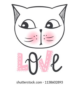 Vector cute fashion cat. Stylish kitten. Doodle Kitty. Kids animals print. Funny character. Cute illustration, trendy design. Naive art. Cats & Love.