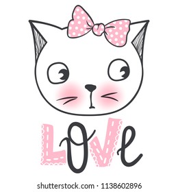 Vector cute fashion cat. Stylish kitten. Doodle Kitty. Kids animals print. Funny character. Cute illustration, trendy design. Naive art. Cats & Love.
