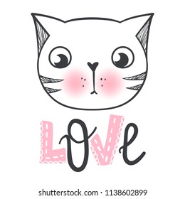 Vector cute fashion cat. Stylish kitten. Doodle Kitty. Kids animals print. Funny character. Cute illustration, trendy design. Naive art. Cats & Love.