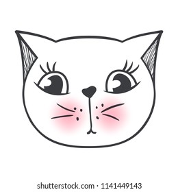 Vector cute fashion cat. Stylish kitten. Doodle Kitty. Kids animals print. Funny character. Cute illustration, trendy design. Naive art.