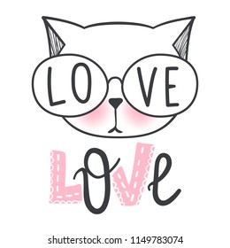 Vector cute fashion cat. Stylish kitten. Doodle Kitty. Kids animals print. Funny character. Cute illustration, trendy design. Naive art. Cats & Love.