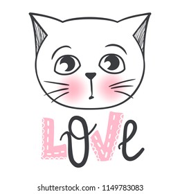 Vector cute fashion cat. Stylish kitten. Doodle Kitty. Kids animals print. Funny character. Cute illustration, trendy design. Naive art. Cats & Love.