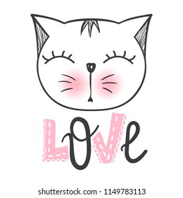 Vector cute fashion cat. Stylish kitten. Doodle Kitty. Kids animals print. Funny character. Cute illustration, trendy design. Naive art. Cats & Love.