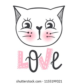 Vector cute fashion cat. Stylish kitten. Doodle Kitty. Kids animals print. Funny character. Cute illustration, trendy design. Naive art. Cats & Love.