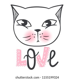 Vector cute fashion cat. Stylish kitten. Doodle Kitty. Kids animals print. Funny character. Cute illustration, trendy design. Naive art. Cats & Love.