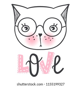 Vector cute fashion cat. Stylish kitten. Doodle Kitty. Kids animals print. Funny character. Cute illustration, trendy design. Naive art. Cats & Love.