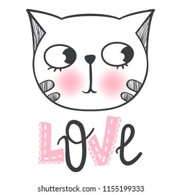 Vector cute fashion cat. Stylish kitten. Doodle Kitty. Kids animals print. Funny character. Cute illustration, trendy design. Naive art. Cats & Love.