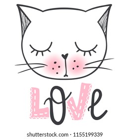 Vector cute fashion cat. Stylish kitten. Doodle Kitty. Kids animals print. Funny character. Cute illustration, trendy design. Naive art. Cats & Love.