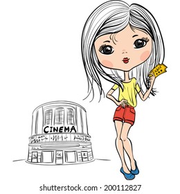 Vector Cute fashion girl with cinema ticket