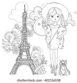 Vector cute fashion girl with dog in Paris.Vector line illustration.Sketch for postcard or print or coloring adult book.Hand drawn boho free style doodle.