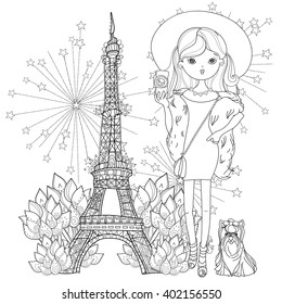 Vector cute fashion girl with dog in Paris.Vector line illustration.Sketch for postcard or print or coloring adult book.Hand drawn boho free style doodle.