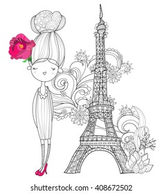 Vector cute fashion girl  in Paris.Vector line illustration.Sketch for postcard or print or coloring adult book.Hand drawn boho free style doodle.