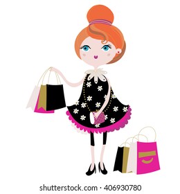 Vector cute fashion girl with shopping bags.Vector line illustration.Sketch for postcard or print .Hand drawn boho free style doodle.