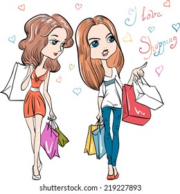 Vector Cute fashion girls shopping 