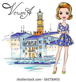 Vector Cute fashionale girl in flowered dress, Verona, Italy. Adige River Embankment and Tower Lamberti in the background