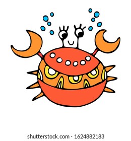 Vector cute fat crab in doodle style. Logo, symbol, vector outline layout design illustration on white background. Print for coloring, t-shirt, cup, baby clothes. Children and adult coloring book page