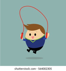 Vector of cute fat man rope jumping exercise