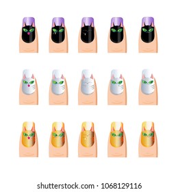 Vector Cute Feline Cat Face Finger Nail Art Template set on a white background for manicure and salon purposes