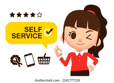 Vector cute female character with self service label and some icons