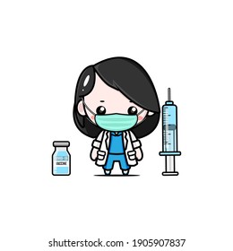 vector of cute female doctor with covid vaccine and syringe