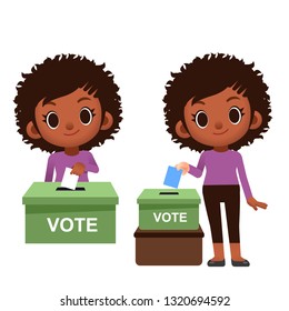 Vector cute female, girl character putting vote paper, card into the box isolated on white background