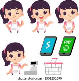 Vector Cute Female Shopkeeper Character Wearing Apron With Mobile And Some Shopping Icons