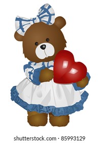 vector cute female teddy bear holding heart, raster version available