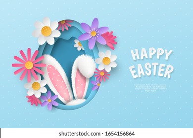 Pancarta horizontal vectorial adorable con huevo de papel cortado en capas, orejas de piel 3D realistas de conejito y flores sobre fondo azul. Plantilla infantil de vacaciones con texto Feliz Pascua para tarjeta de saludo.