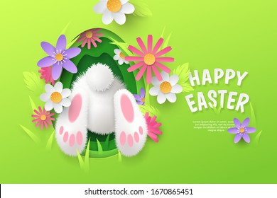 Vector cute festive horizontal banner with layered cut out paper egg, realistic 3D fur butt of bunny and flowers on green background. Cartoon holiday template with text Happy Easter for greeting card.