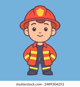 Vector cute fireman character standing with happy pose cartoon vector icon illustration