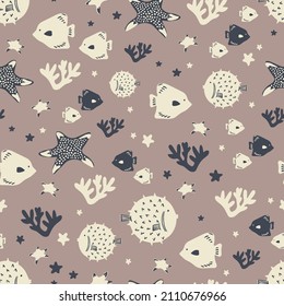 Vector cute fish ocean icons illustration seamless repeat pattern kids fashion home kitchen print fabric textile digital artwork