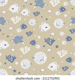 Vector cute fish ocean icons illustration seamless repeat pattern kids fashion home kitchen print fabric textile digital artwork