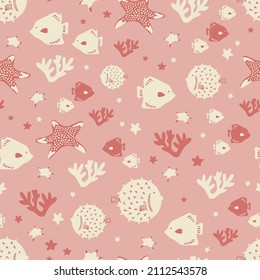 Vector cute fish ocean icons illustration seamless repeat pattern kids fashion home kitchen print fabric textile digital artwork