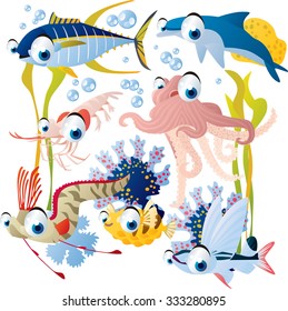 vector cute fish set including octopus, tuna, dolphin, sailfish and shrimp