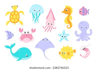 Vector cute fish and wild marine animals collection in flat style. Colourful set of ocean and sea life on white background